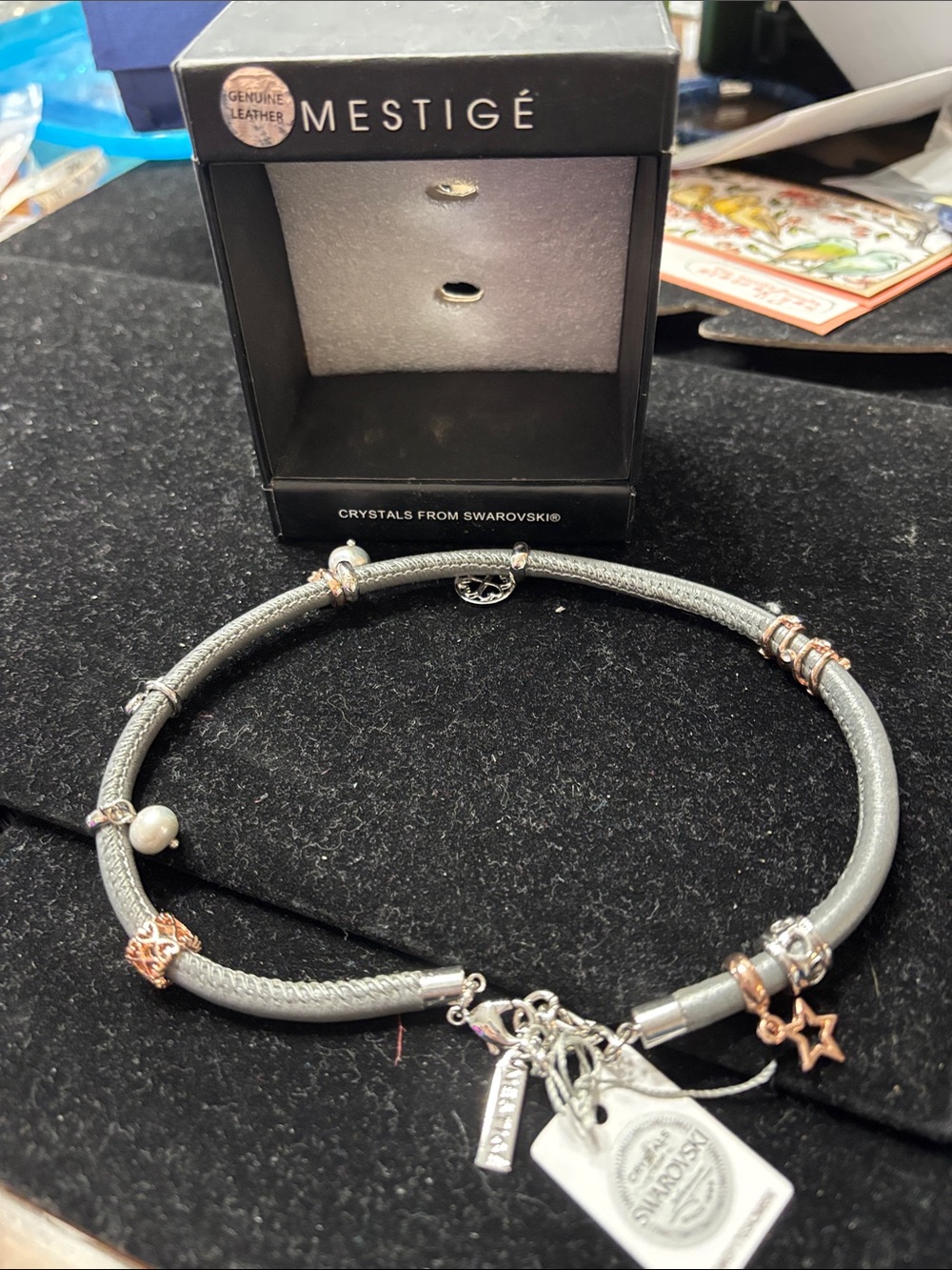 Mestige Silver and Rose Gold Accent Charm Necklace with Swarovski Crystals